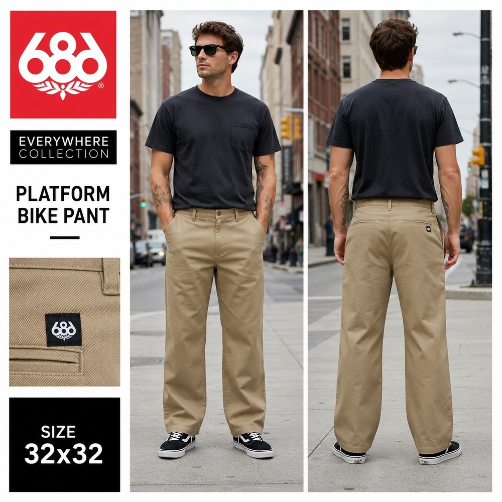 686 Everywhere Collection Mens Platform Bike Pants Khaki Tan Relaxed Fit 32x32